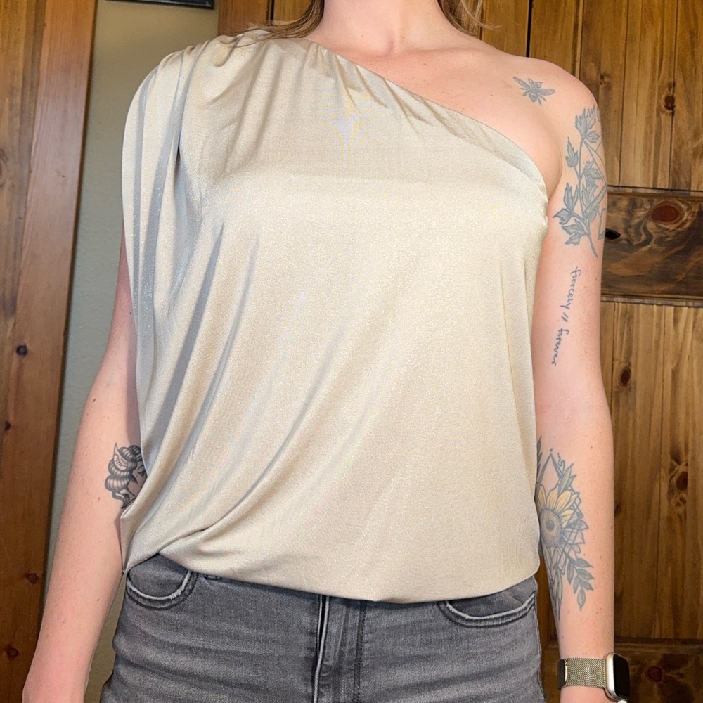 Shimmery Beige One-Shoulder Blouse
